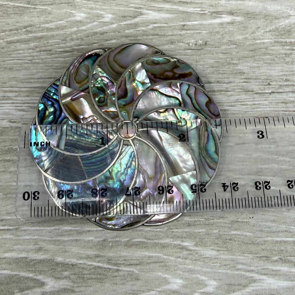 Vintage Alpaca Mexico Silver Inlaid Abalone Flower Brooch Pendant - Picture 7 of 9